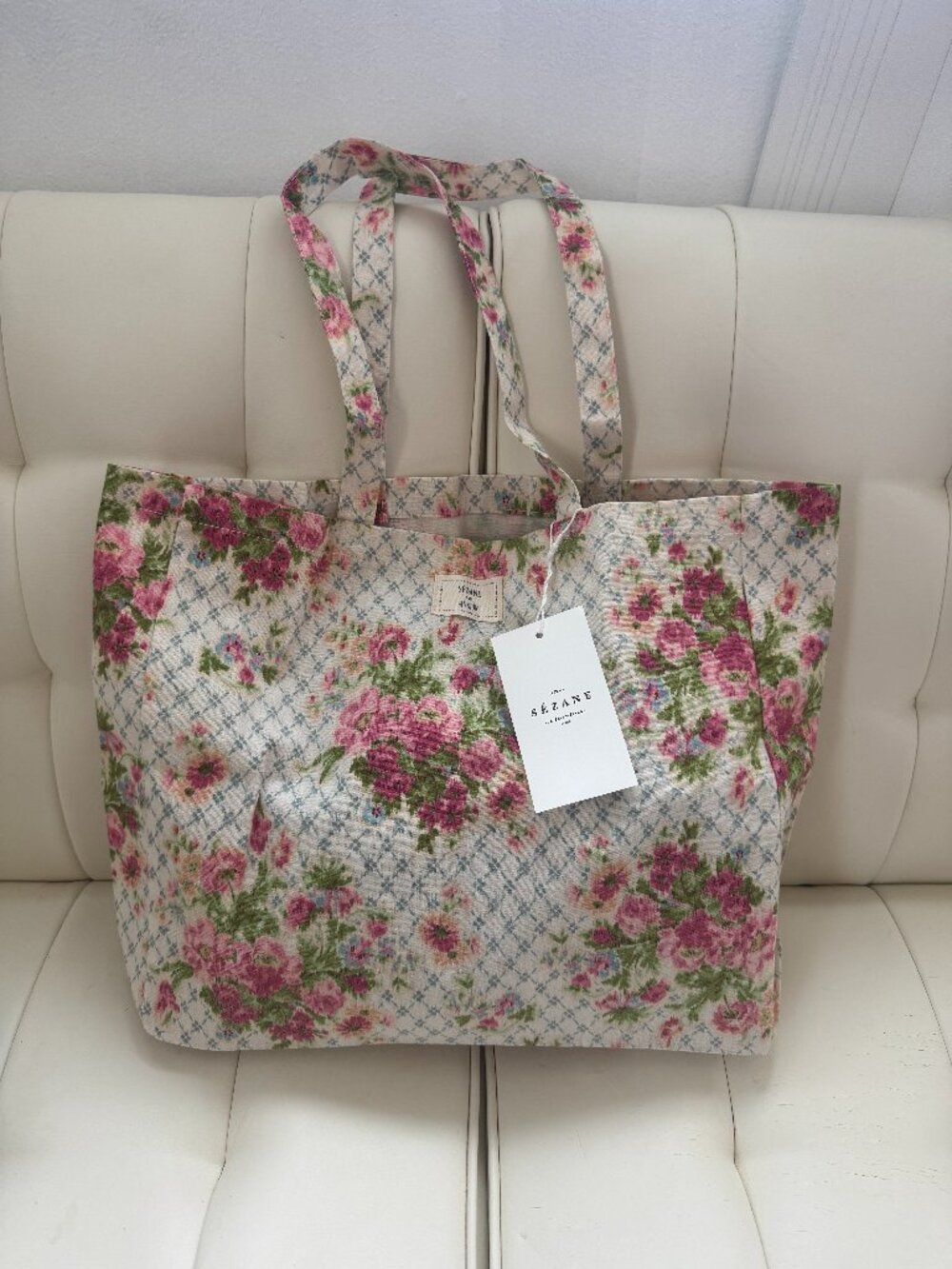 Sézane x Andion limited edition canvas tote, blue plaid pink floral print, NWOT